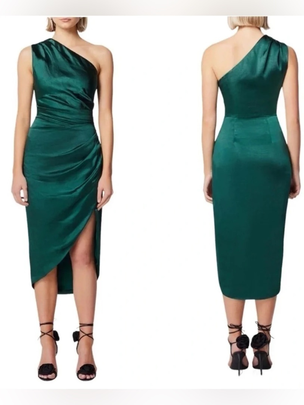 NWT Elliatt Cassini One-Shoulder Satin Midi Dress in Forest (S)